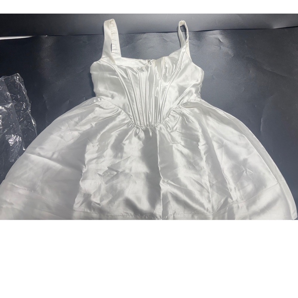 Lulus Bubbly Love White Satin Corset Mini Dress Square Neck Skater Fit and Flare - Picture 5 of 9